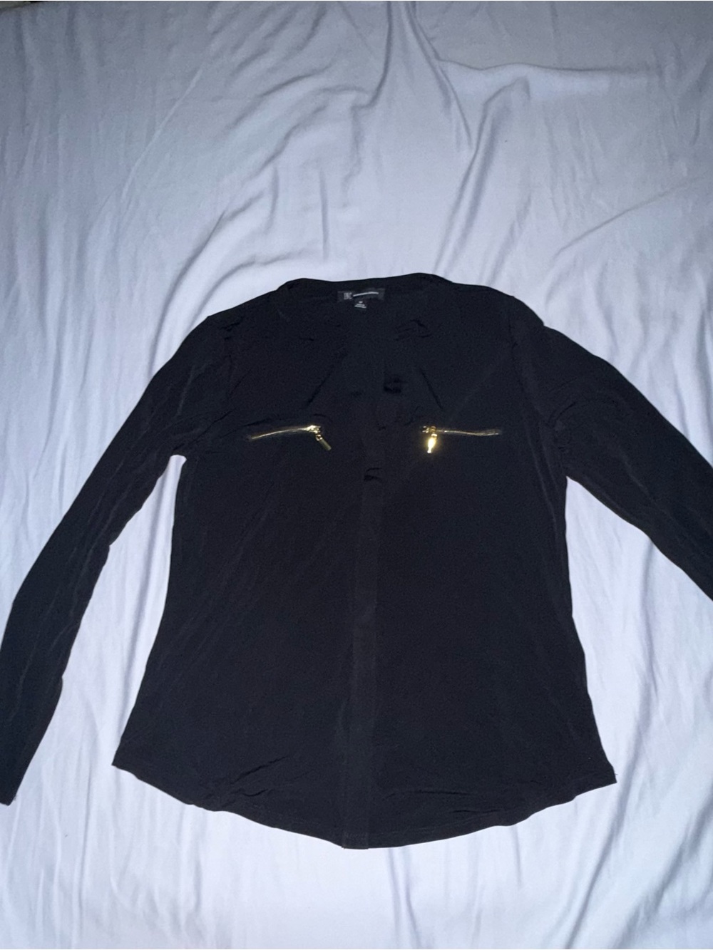 INC International Concepts Black Long Sleeve Blouse with Gold Zippers